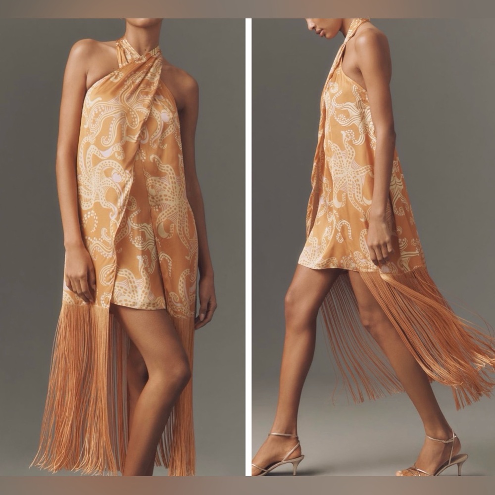 FARM Rio Orange Paisley Halter Fringe Mini Dress